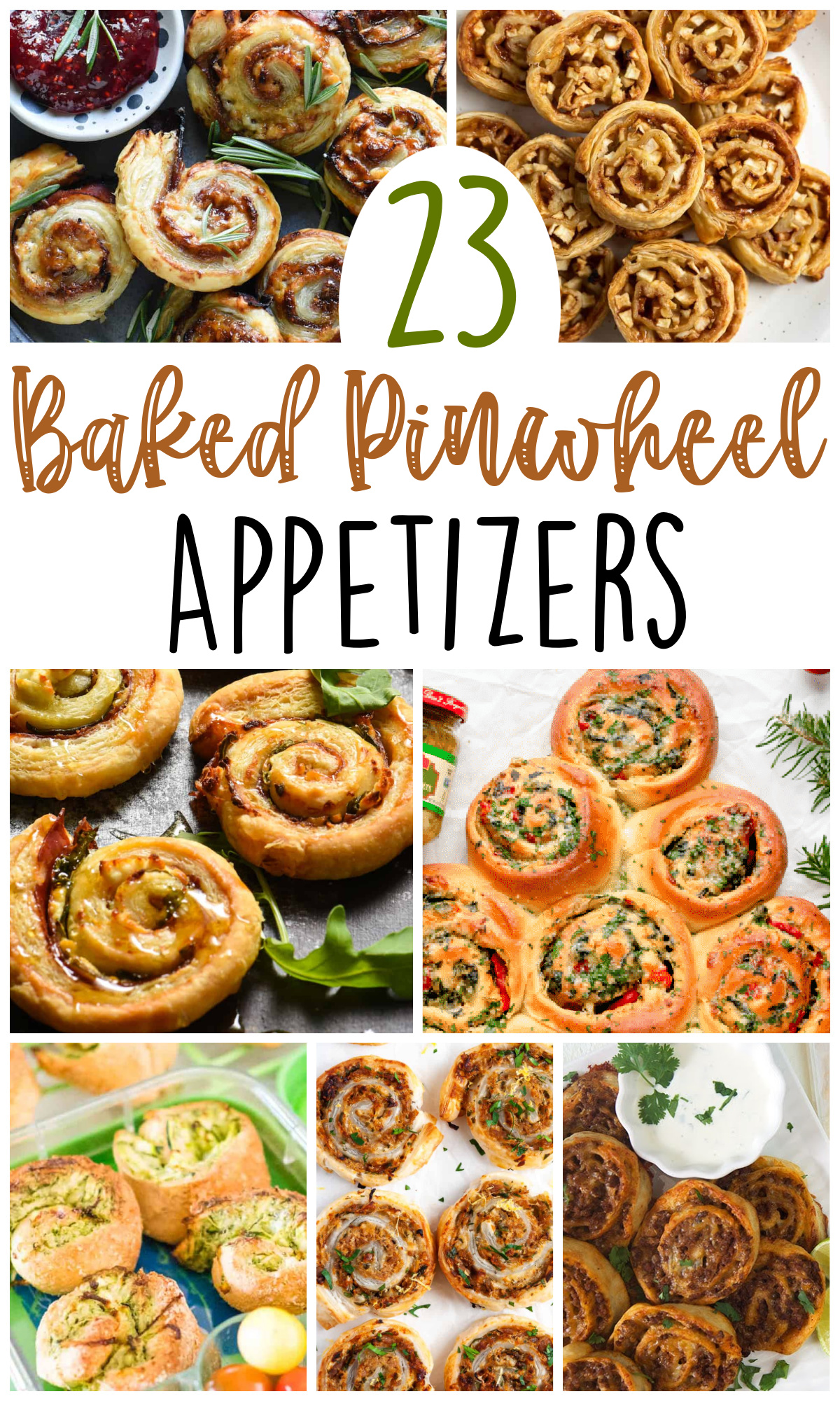 collage image of bake pinwheel appetizers