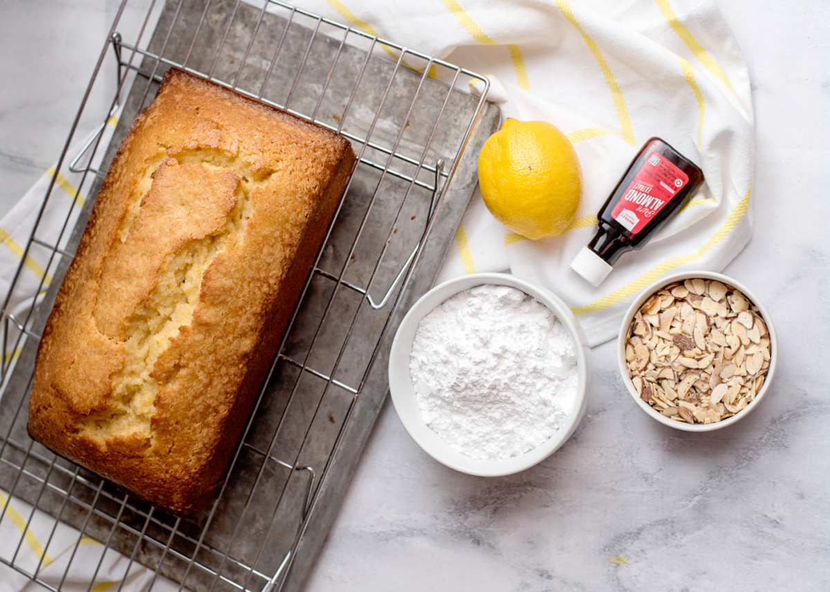 loaf cooling on a rack, and glaze ingredients