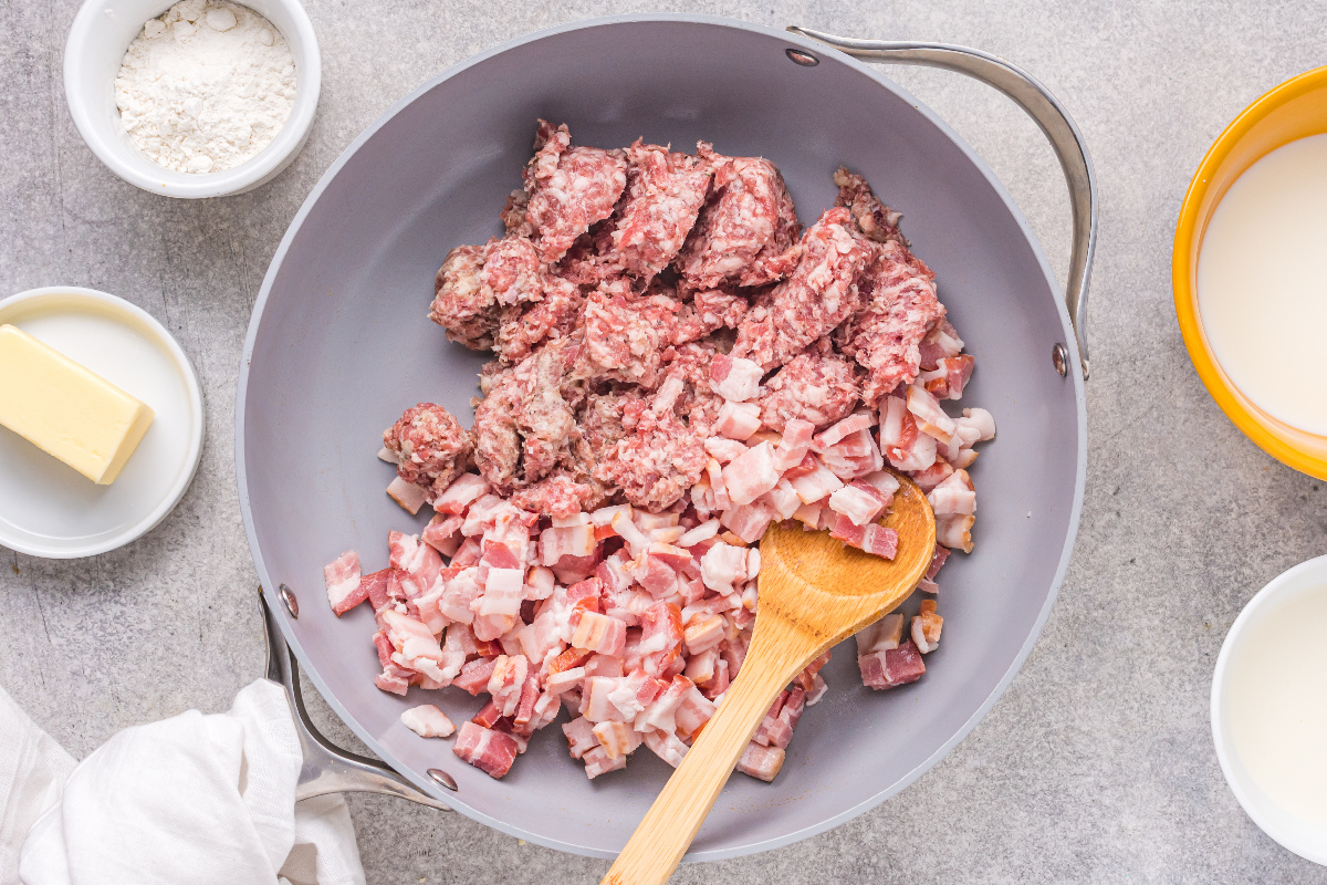 bacon and sausage in a pan
