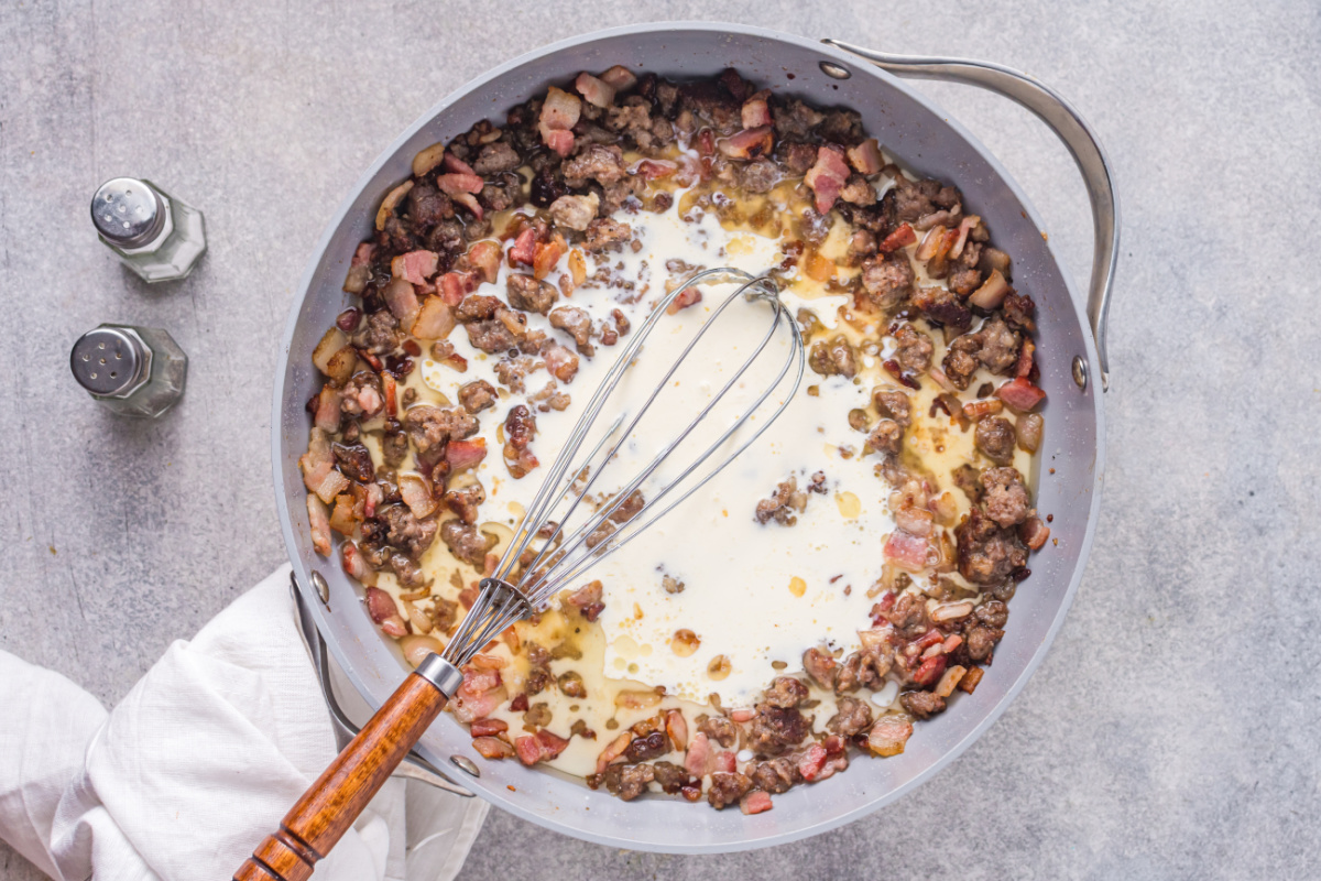 milk and cream added to pan