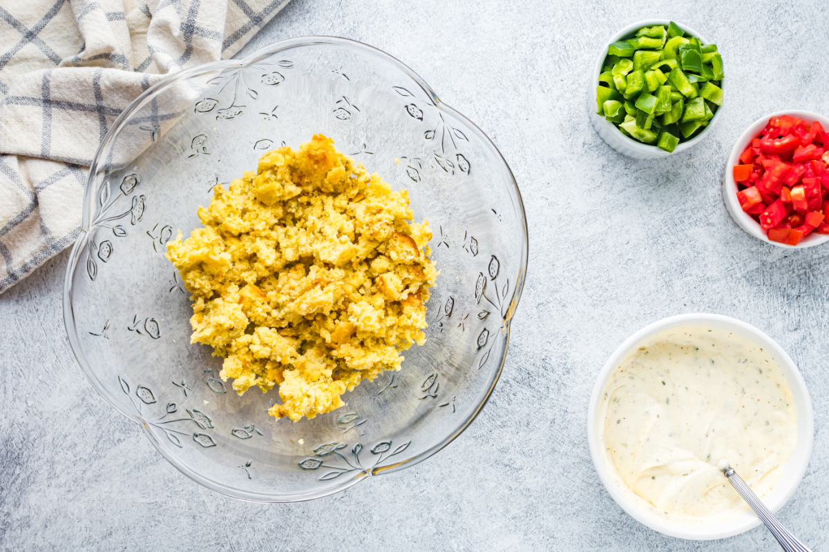 crumbled corn bread placed in serving bowl