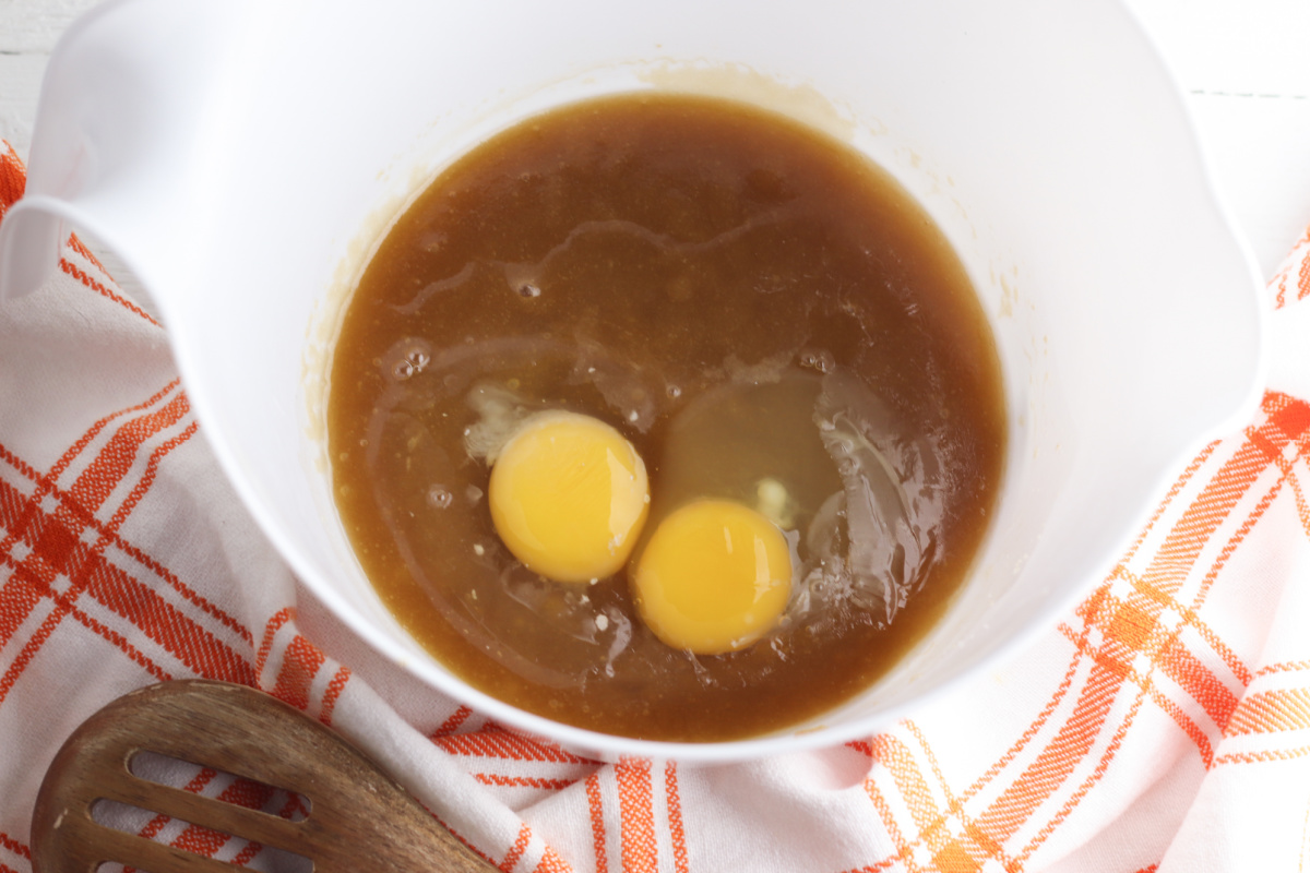 butter, sugar, eggs and vanilla added to bowl