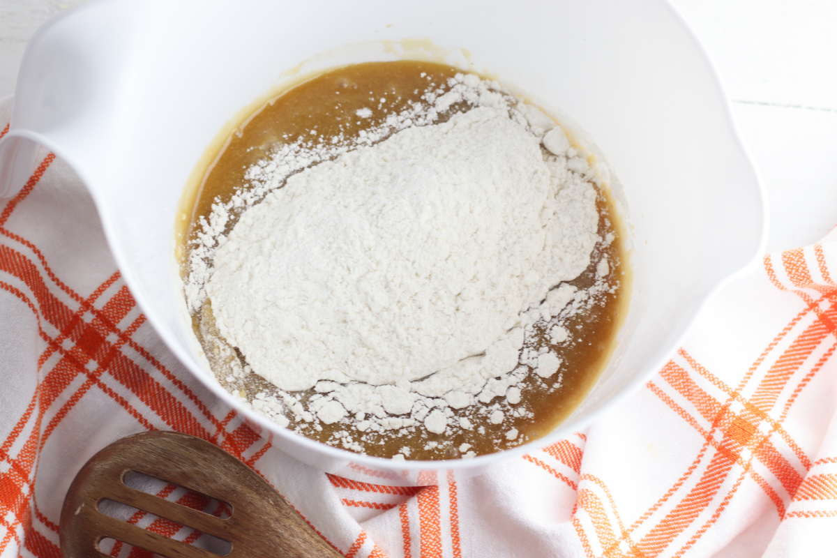 flour mixture added to bowl