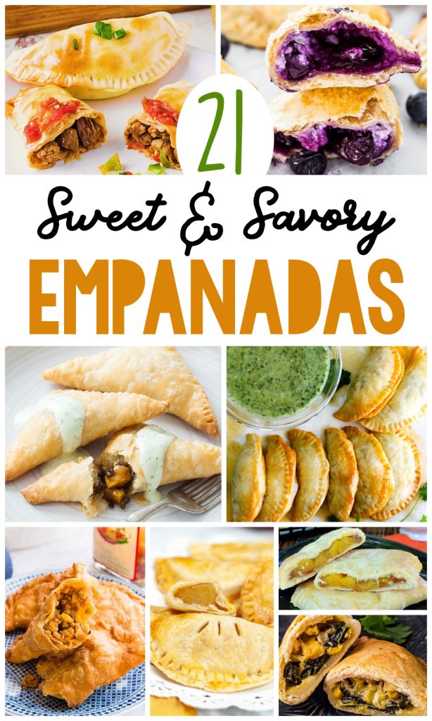 collage image with 6 different images of empanadas