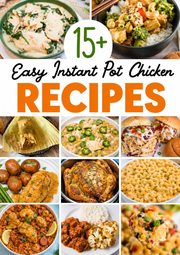 Collage of Instant Pot chicken recipes including cashew chicken, whole chicken, sandwiches, pasta and rice dishes