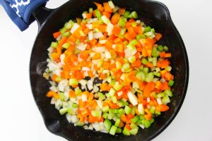 chopped veggies added to pan