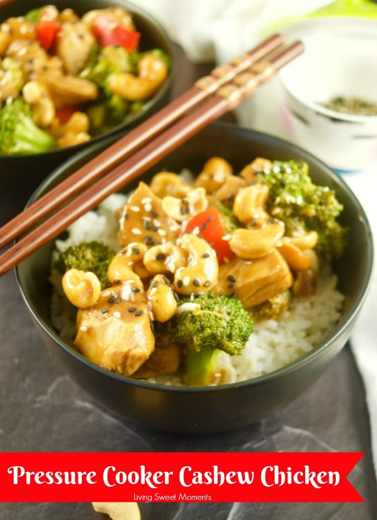 cashew chicken in a bowl with rice