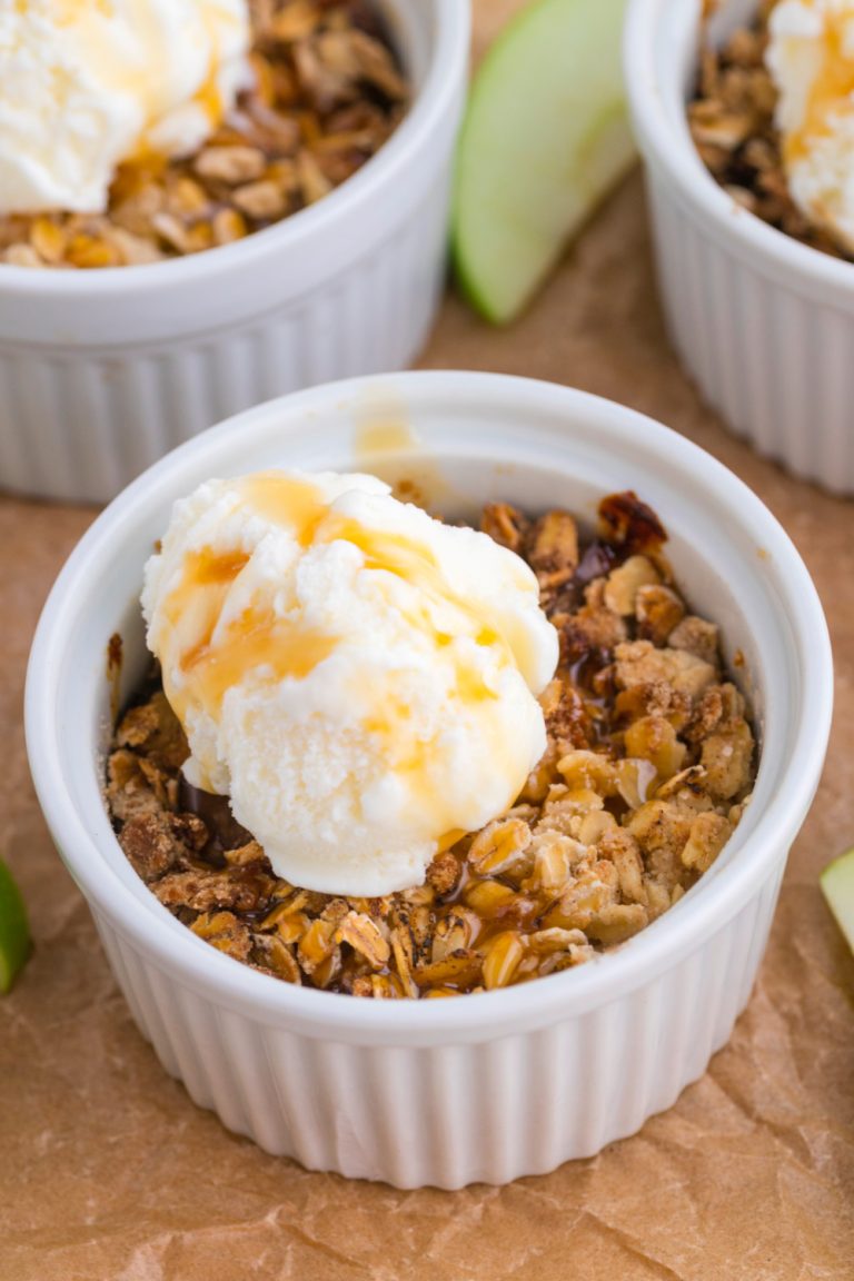 Air Fryer Apple Crisp with ice cream on top