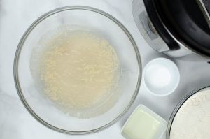 warm water, sugar, and yeast in a bowl