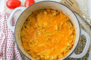 cooked King Ranch Chicken Mac and Cheese in a pan