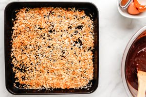 toasted coconut on a baking dish